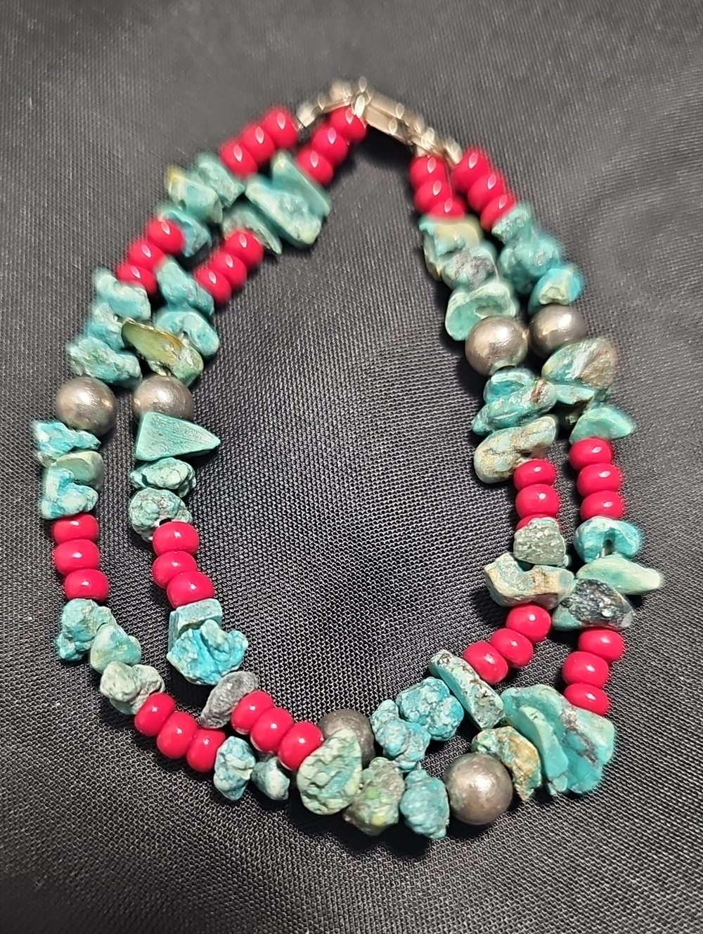 Turquoise Chip & Red Bead Double-Strand Bracelet